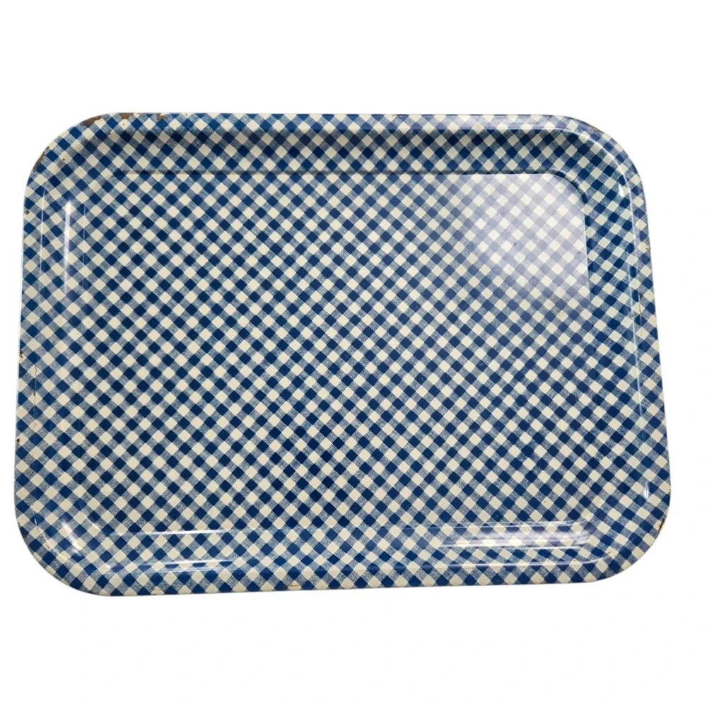 Vintage Blue & White Gingham Check Metal Serving Tray 13.75